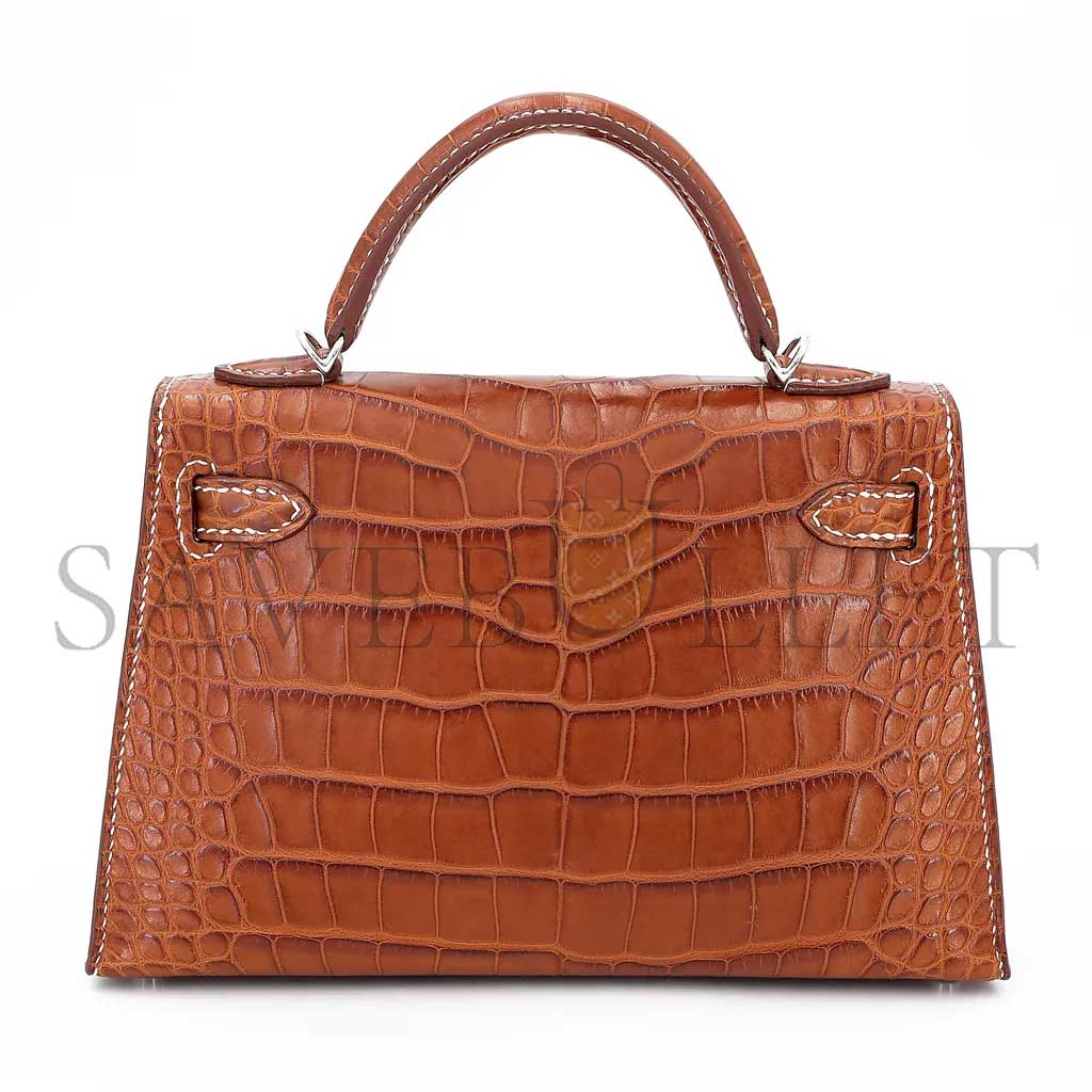 HERMÈS MASTER MINI KELLY II MATTE AMERICAN CROCODILE YELLOW SILVER BUCKLE (19*12*5.5cm)